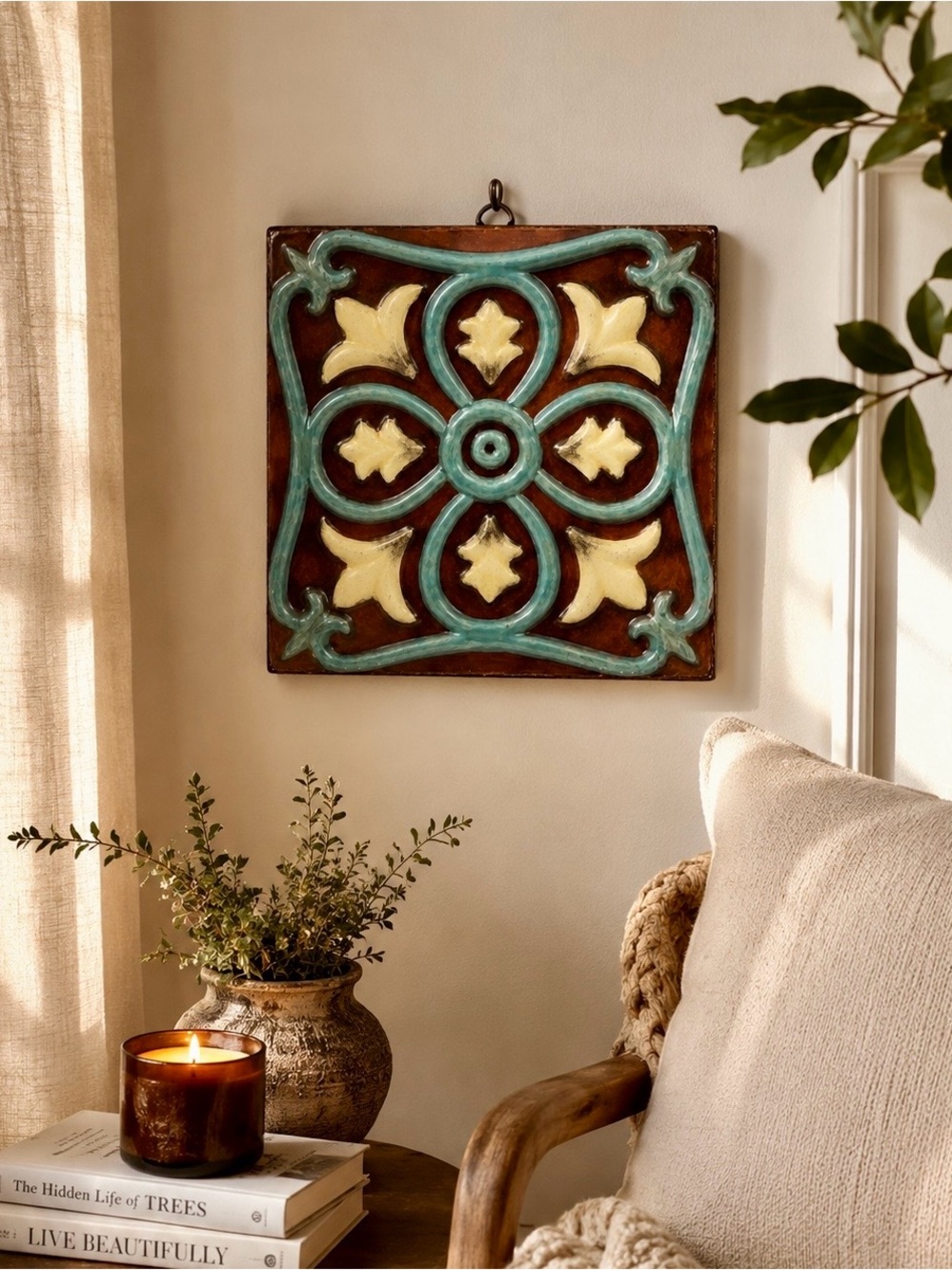 Decorative Embossed Metal Wall Plaque | Rustic Scroll Farmhouse Decor | 10x10”